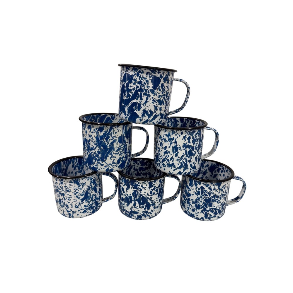 CGS International Blue White Splatter Enamelware Coffee Mug Set of 6 Farmhouse